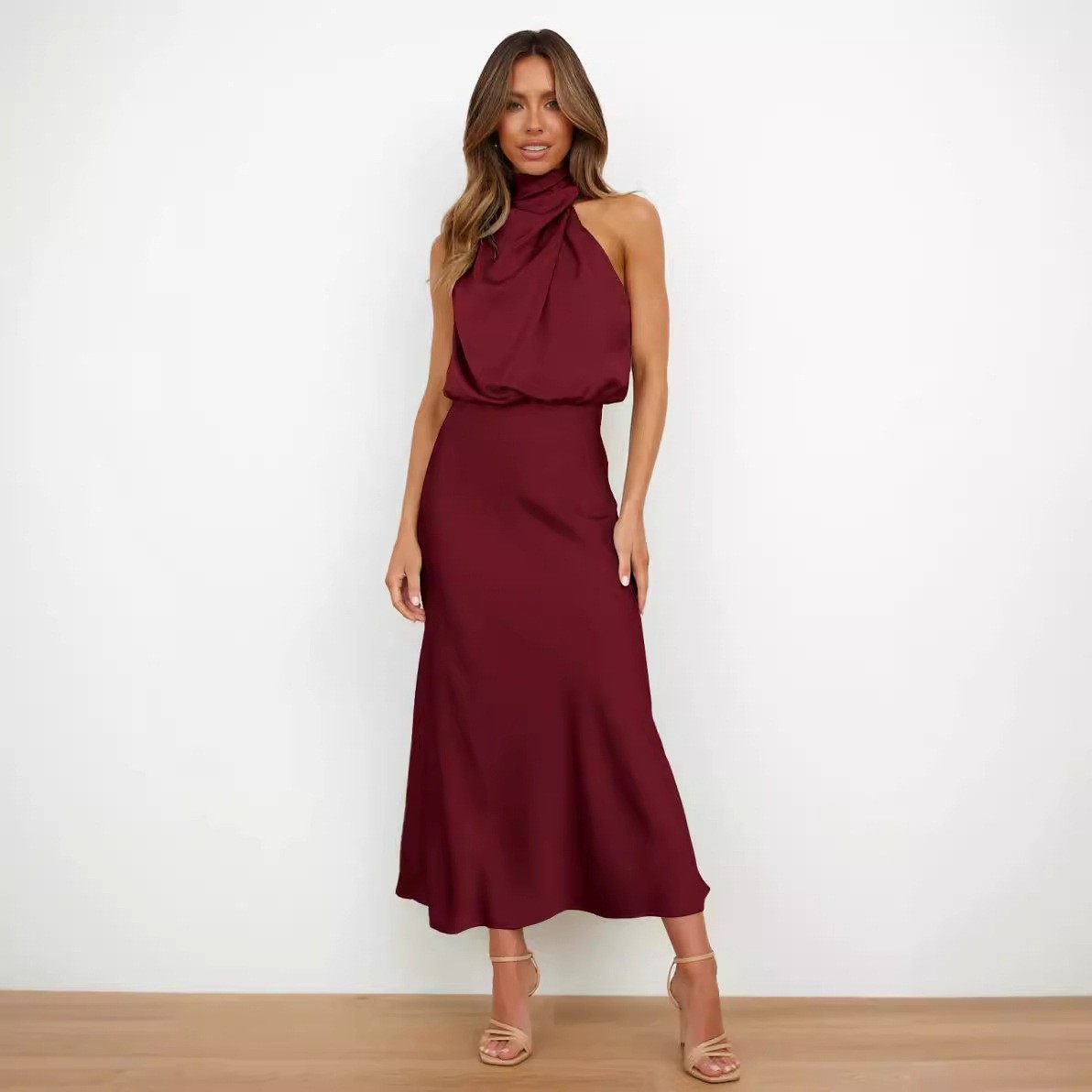 Vestido de satén sin mangas co - Maxi Dress Halter reseña y precio
